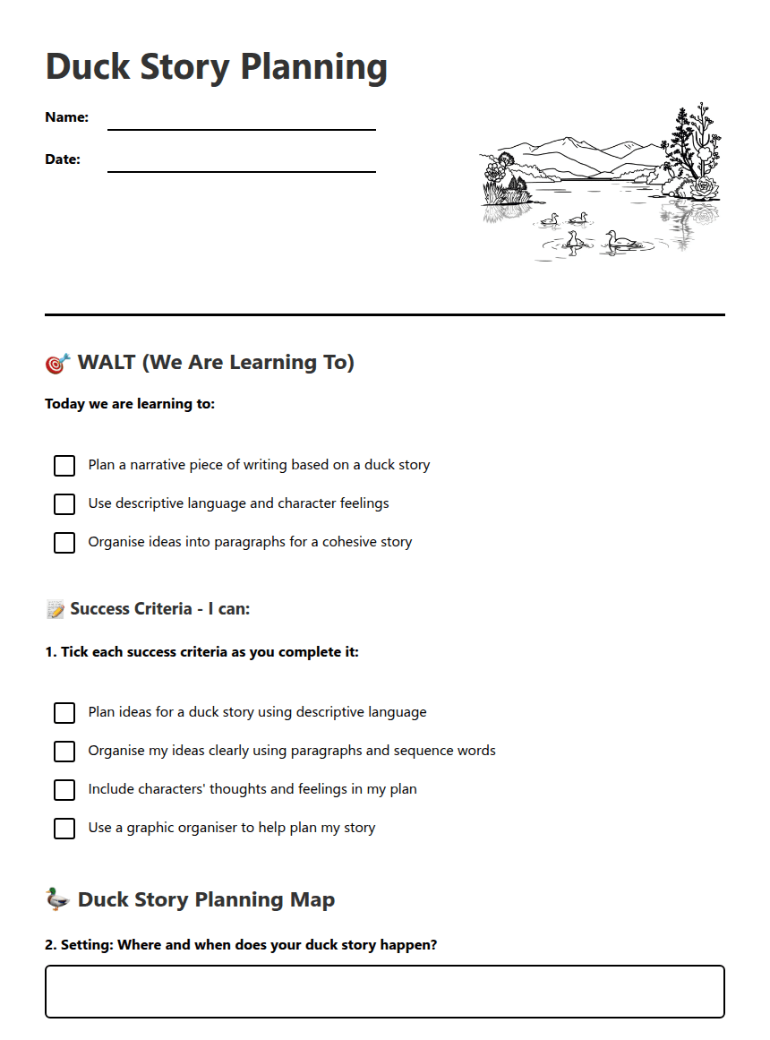 Duck Story Planning worksheet preview