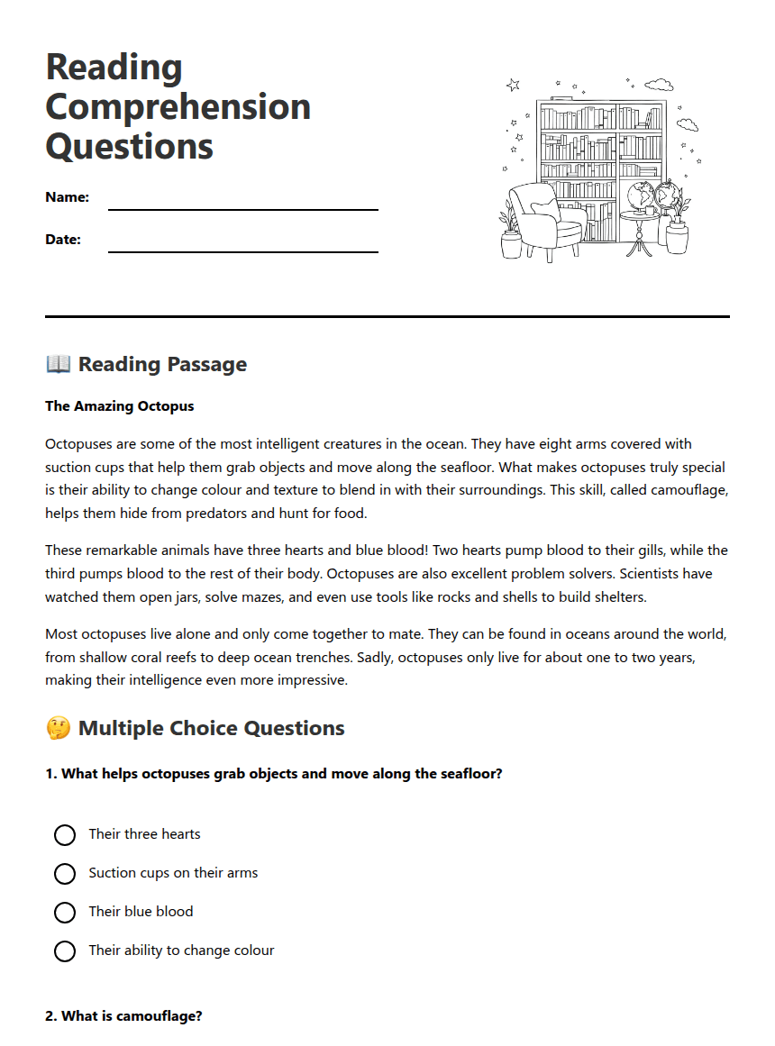Reading Comprehension Questions worksheet preview