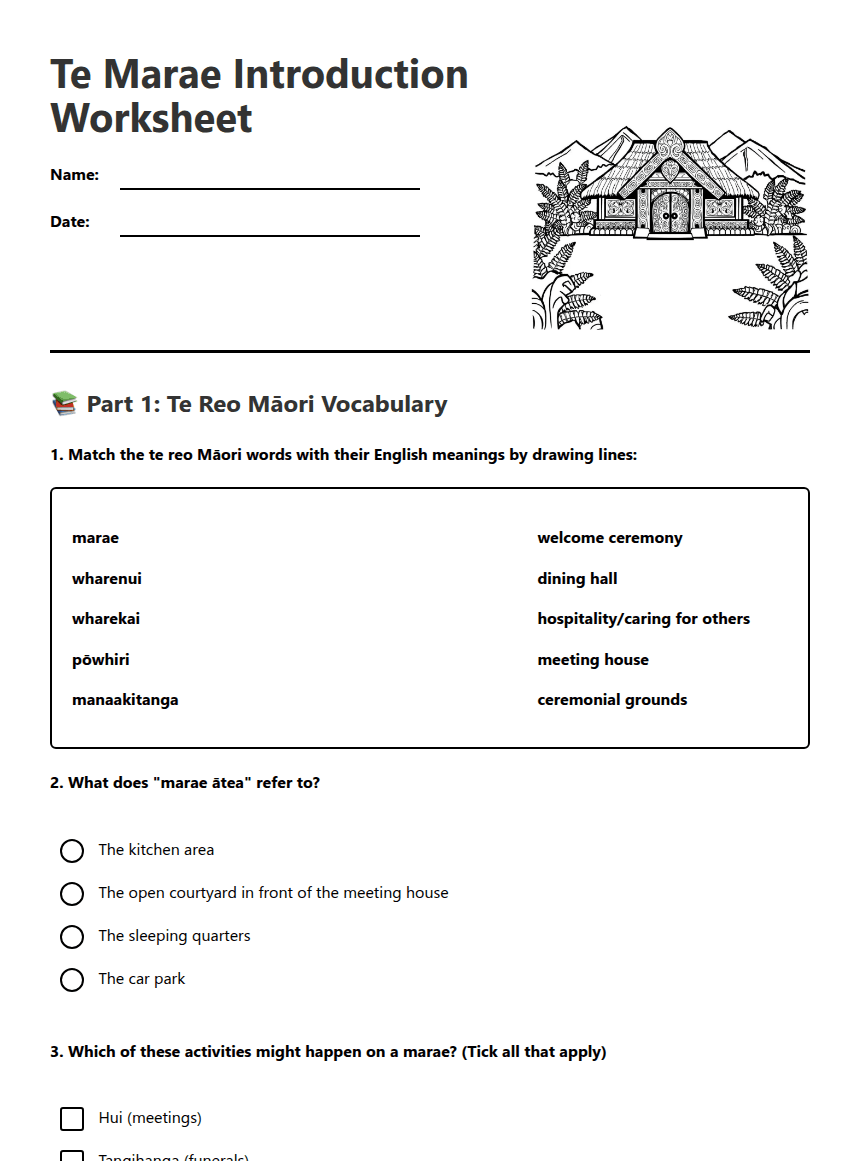 Te Marae Introduction Worksheet worksheet preview