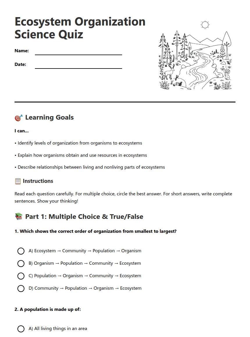 Ecosystem Organization Science Quiz worksheet preview