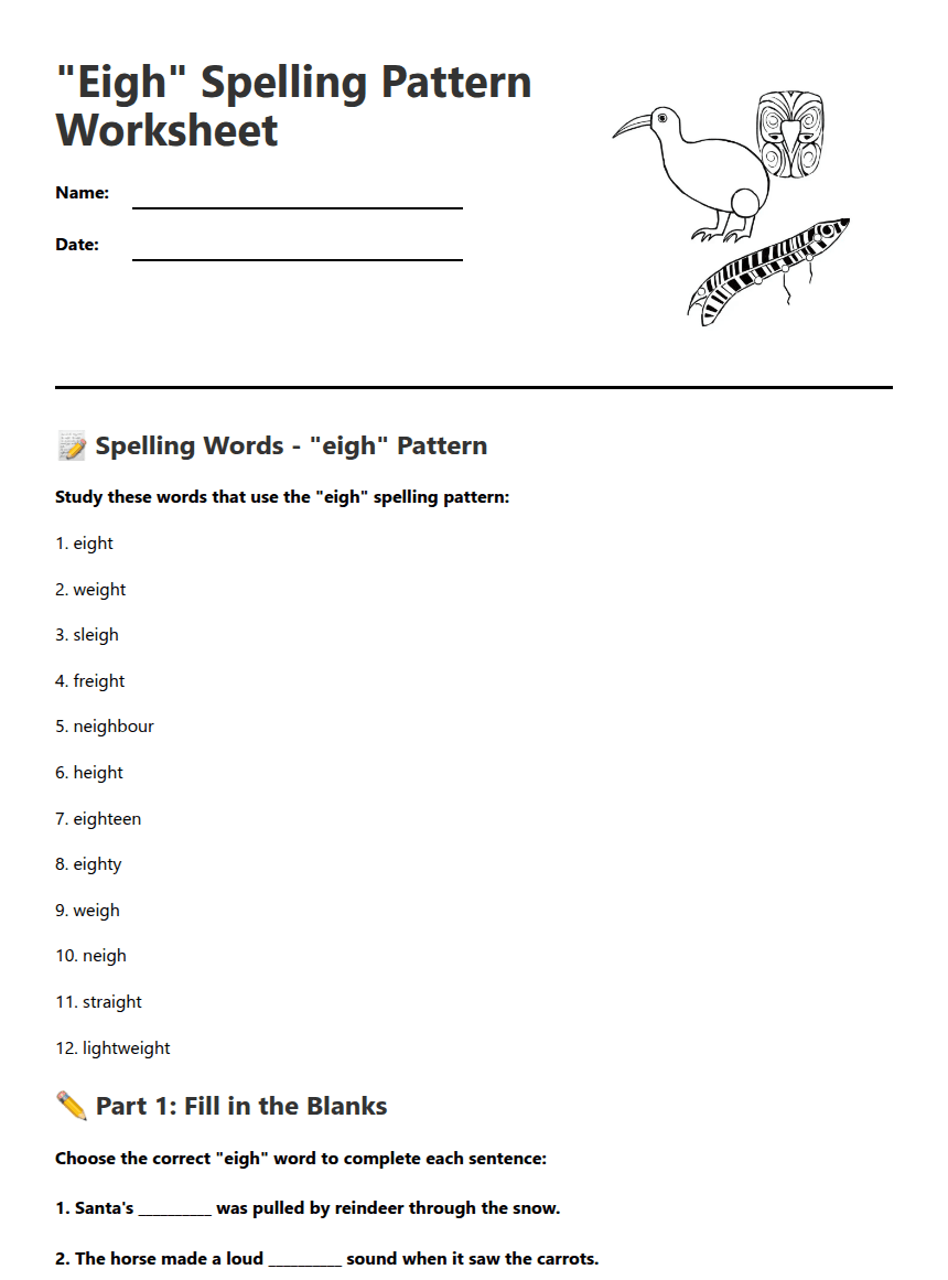 "Eigh" Spelling Pattern Worksheet worksheet preview