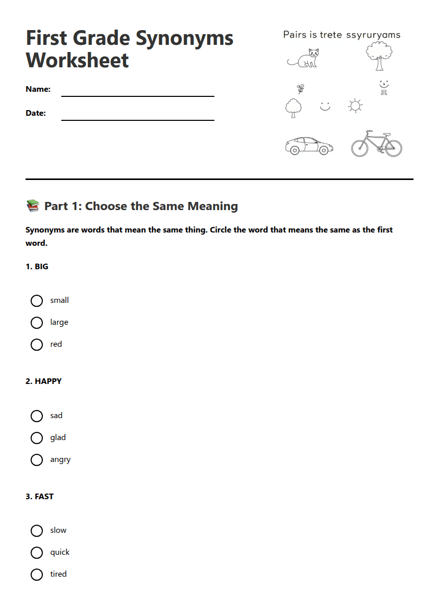 First Grade Synonyms Worksheet worksheet preview