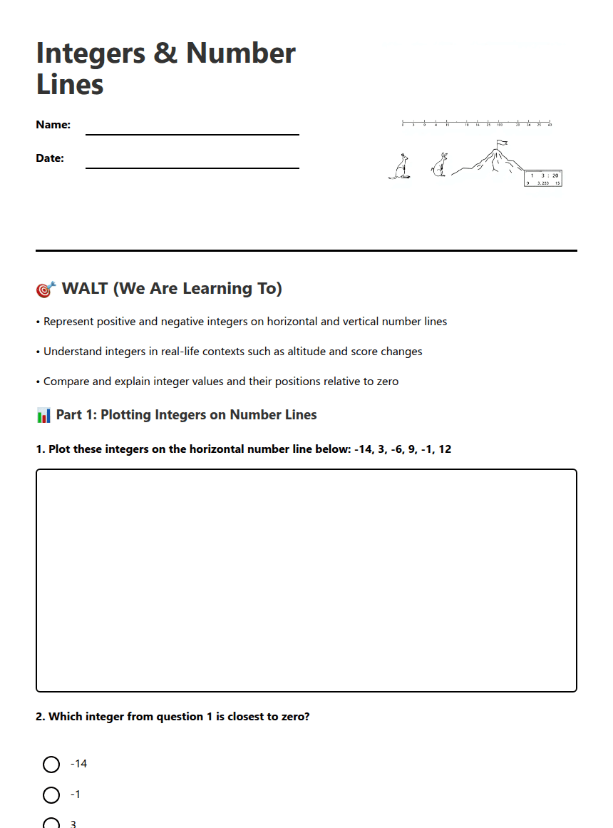 Integers & Number Lines worksheet preview