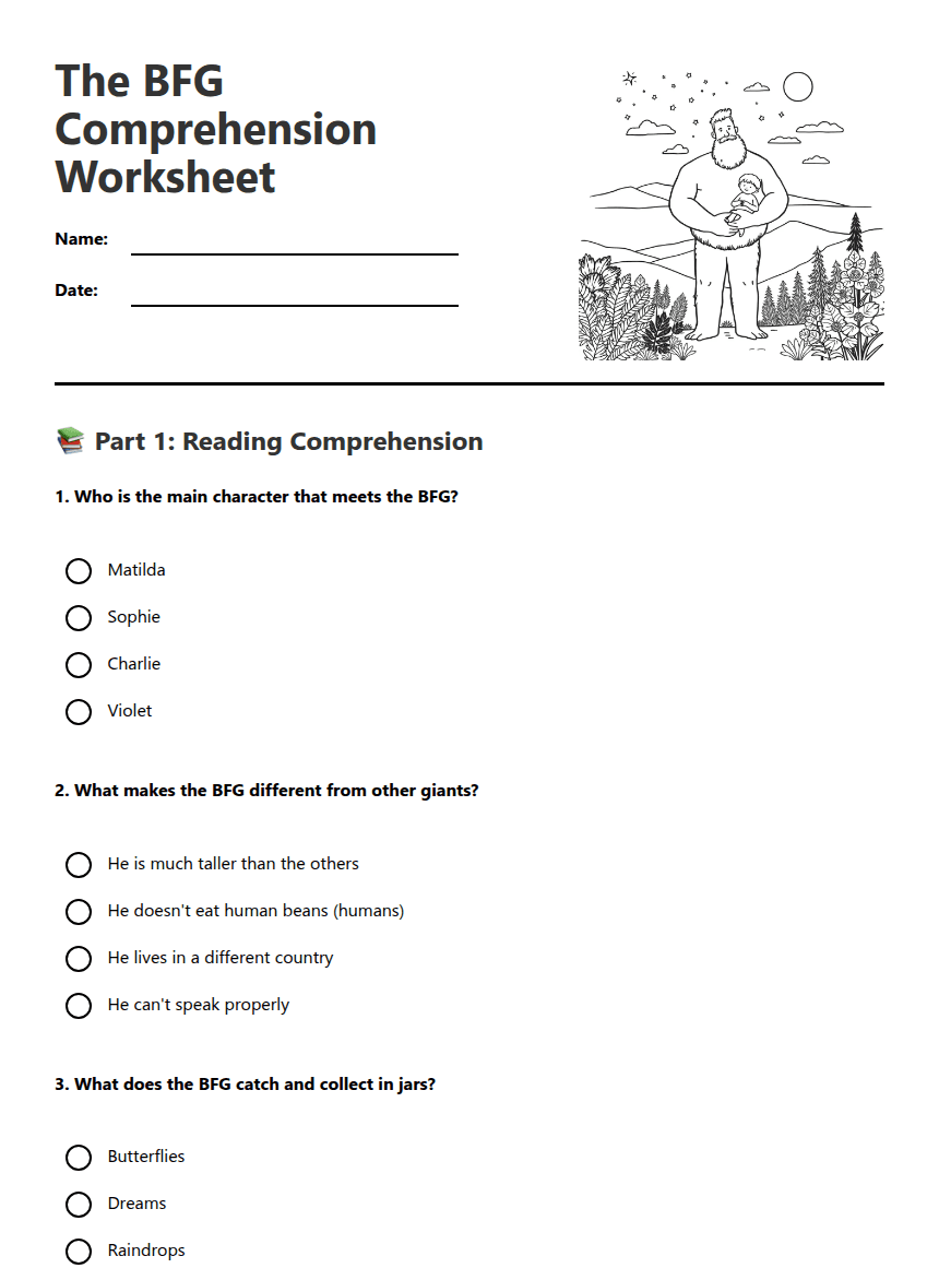 The BFG Comprehension Worksheet worksheet preview