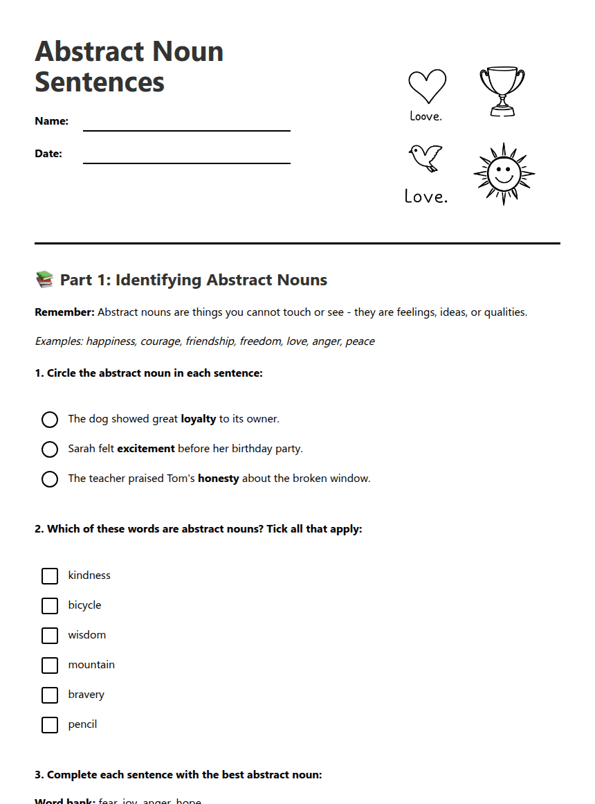 Abstract Noun Sentences worksheet preview
