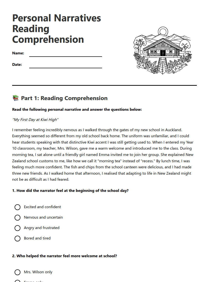Personal Narratives Reading Comprehension worksheet preview