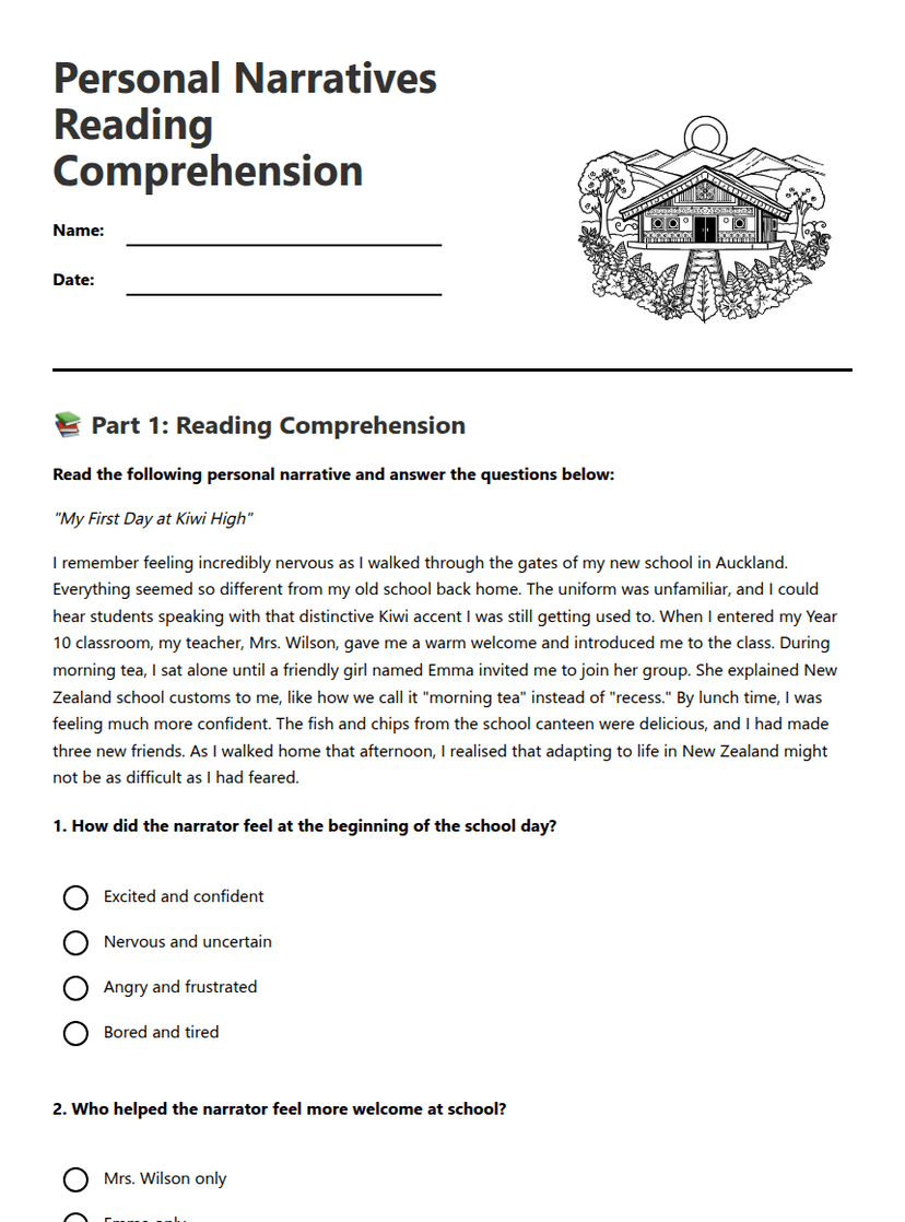 Personal Narratives Reading Comprehension