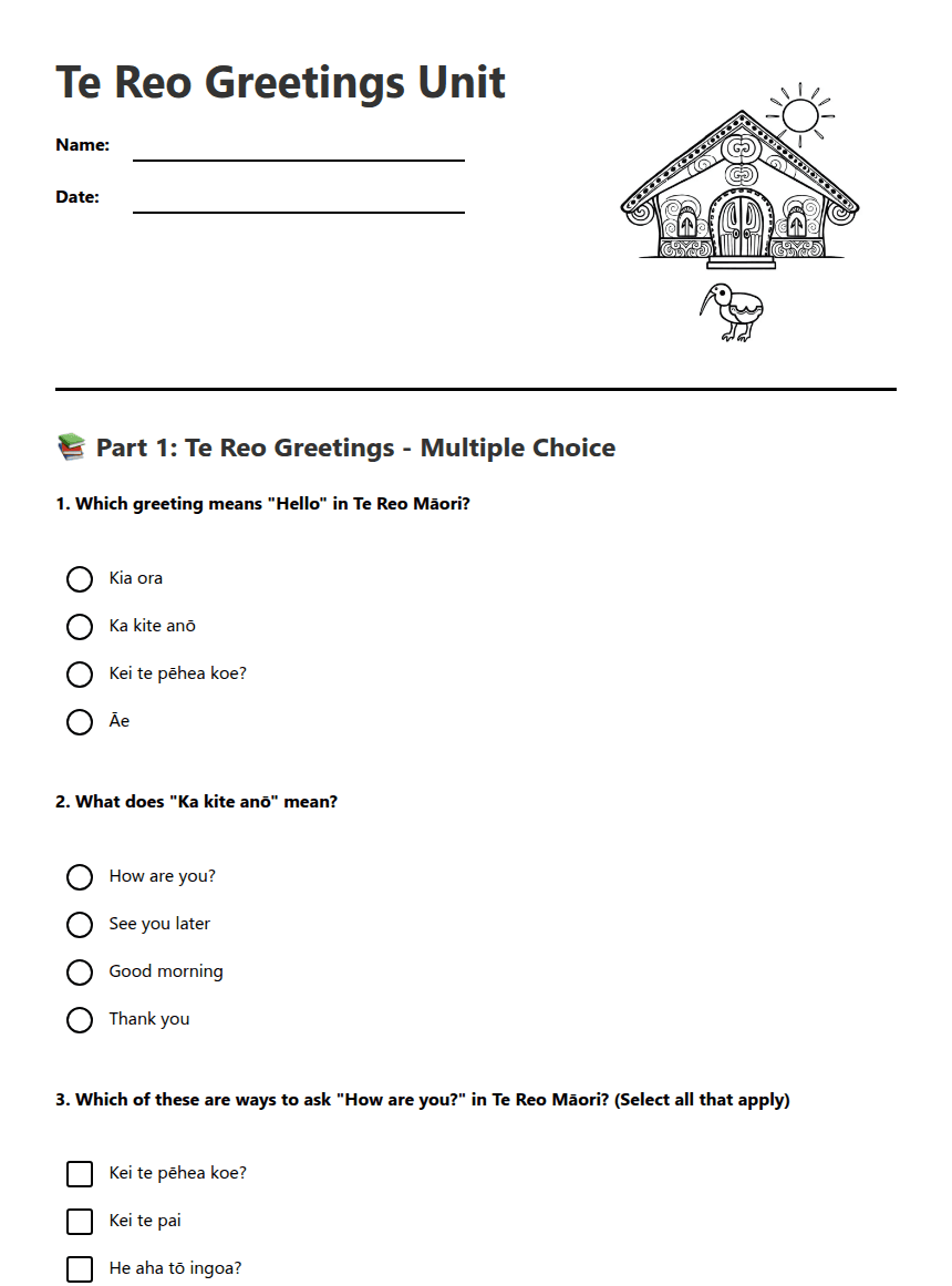 Te Reo Greetings Unit worksheet preview