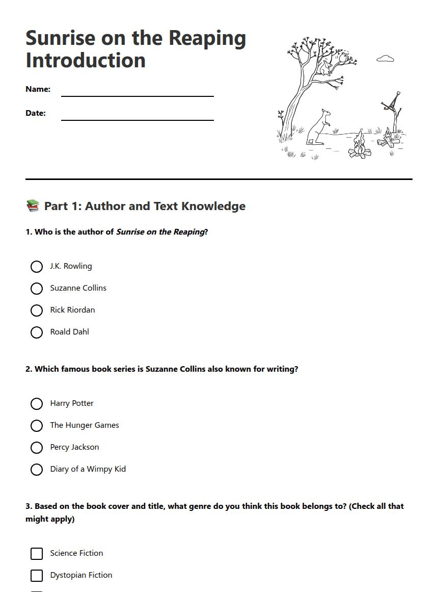 Sunrise on the Reaping Introduction worksheet preview