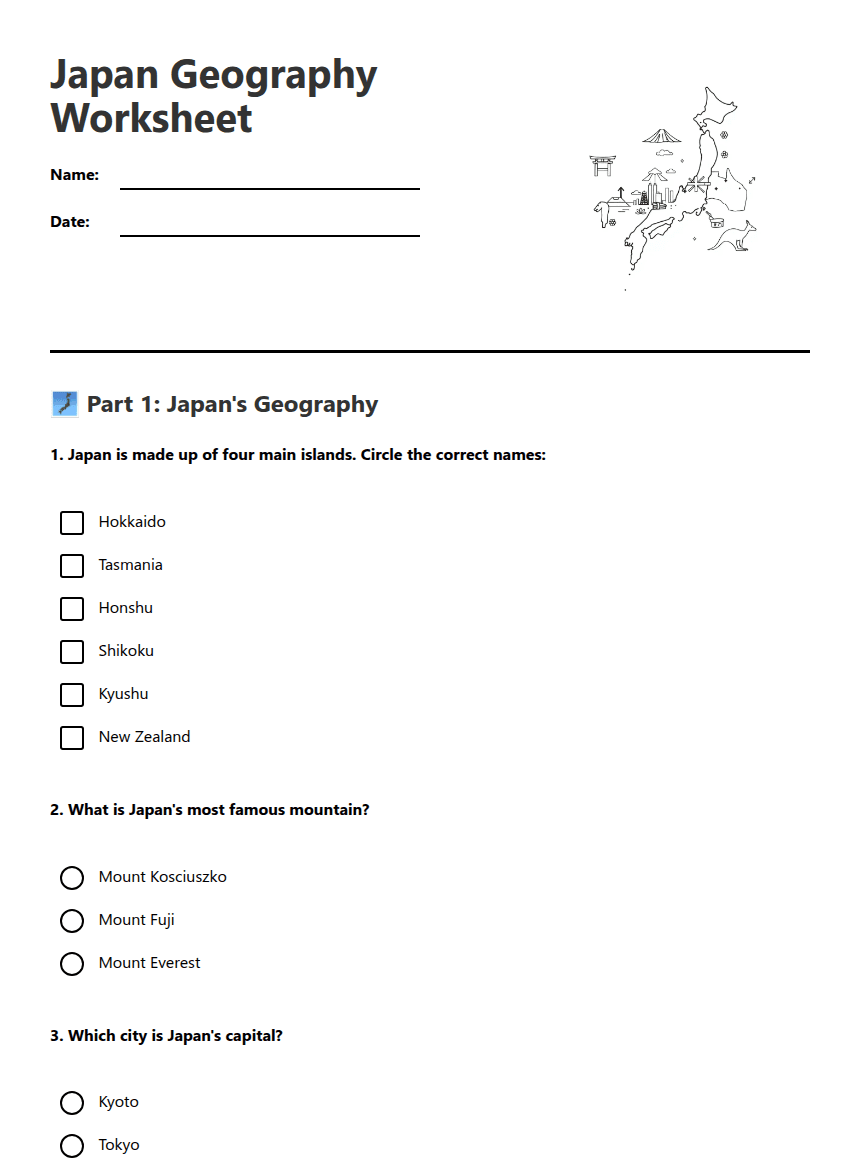 Japan Geography Worksheet worksheet preview