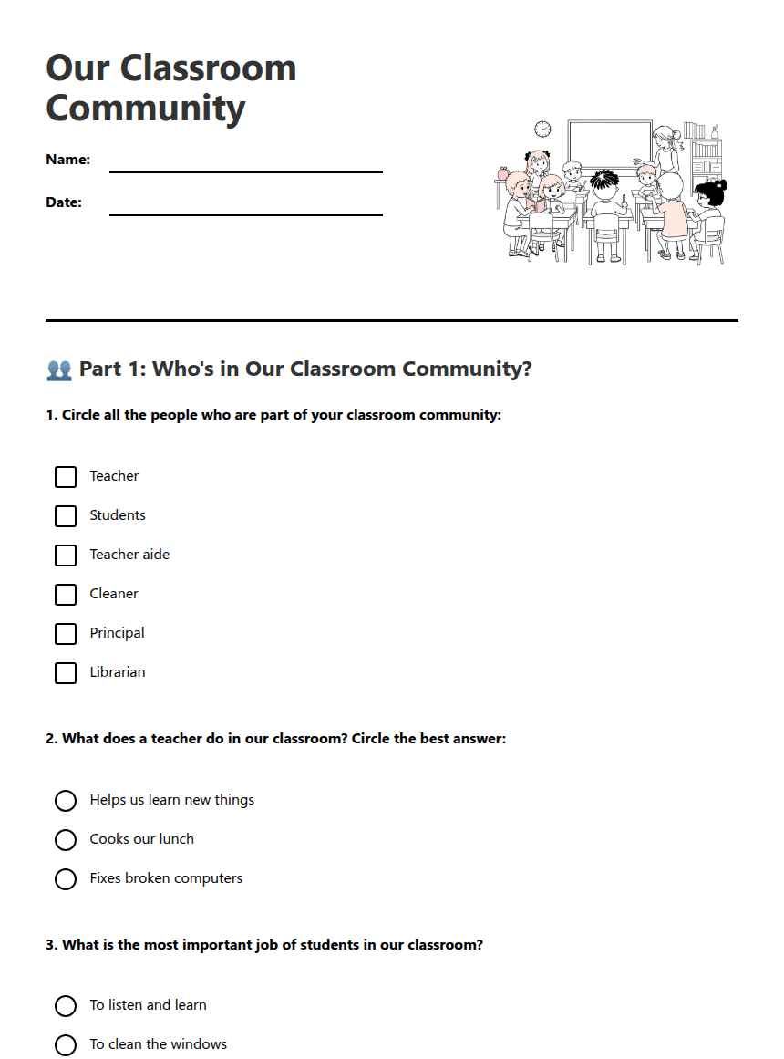 Our Classroom Community worksheet preview