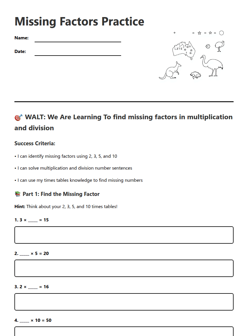 Missing Factors Practice worksheet preview
