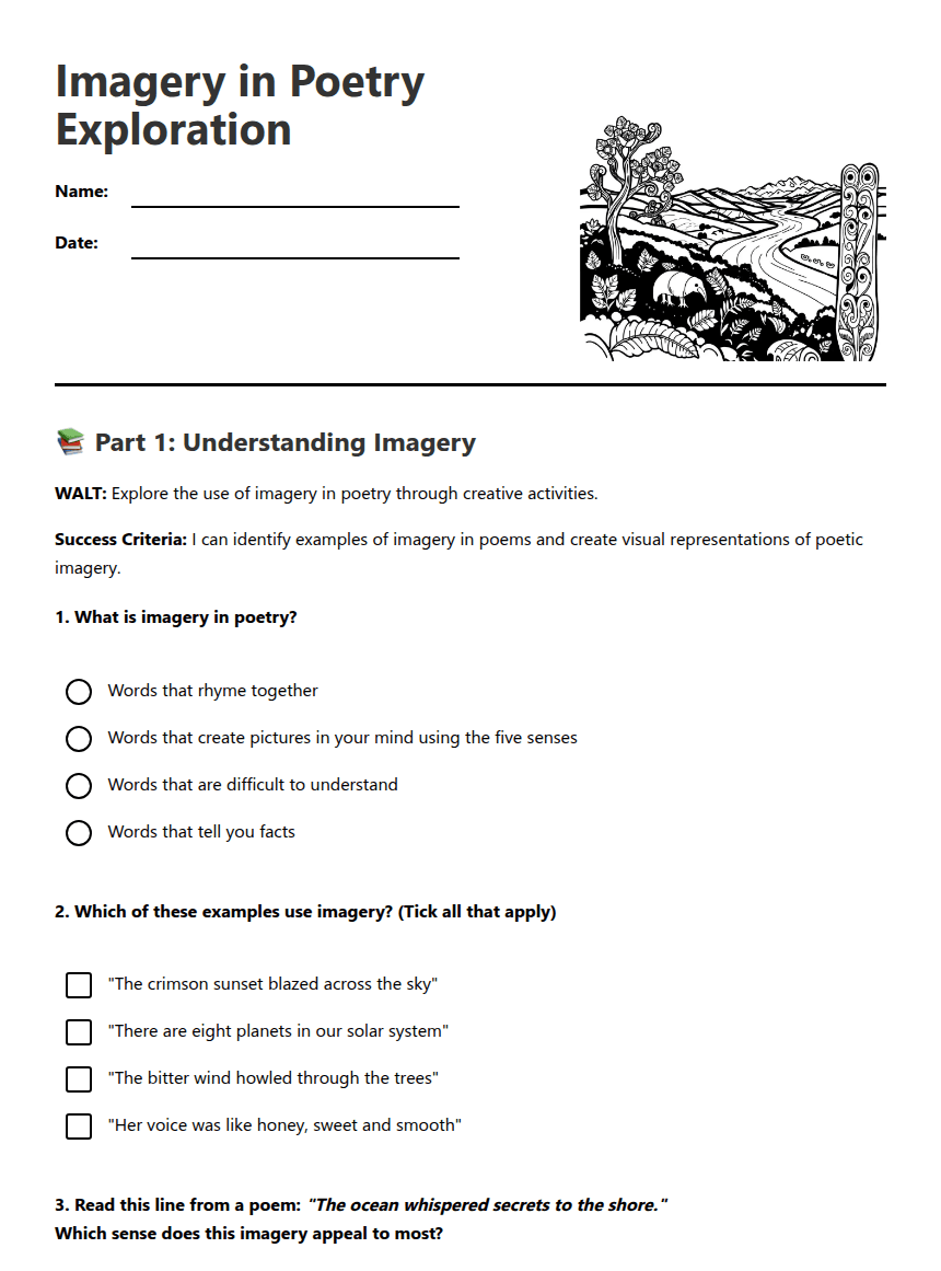 Imagery in Poetry Exploration worksheet preview