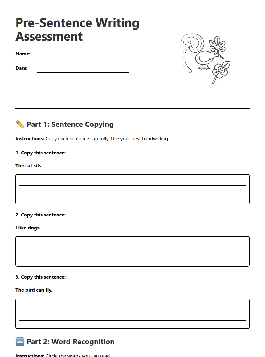 Pre-Sentence Writing Assessment worksheet preview