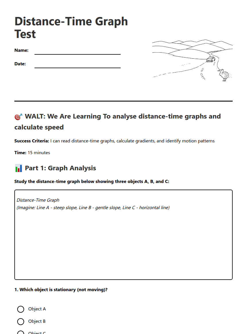 Distance-Time Graph Test worksheet preview