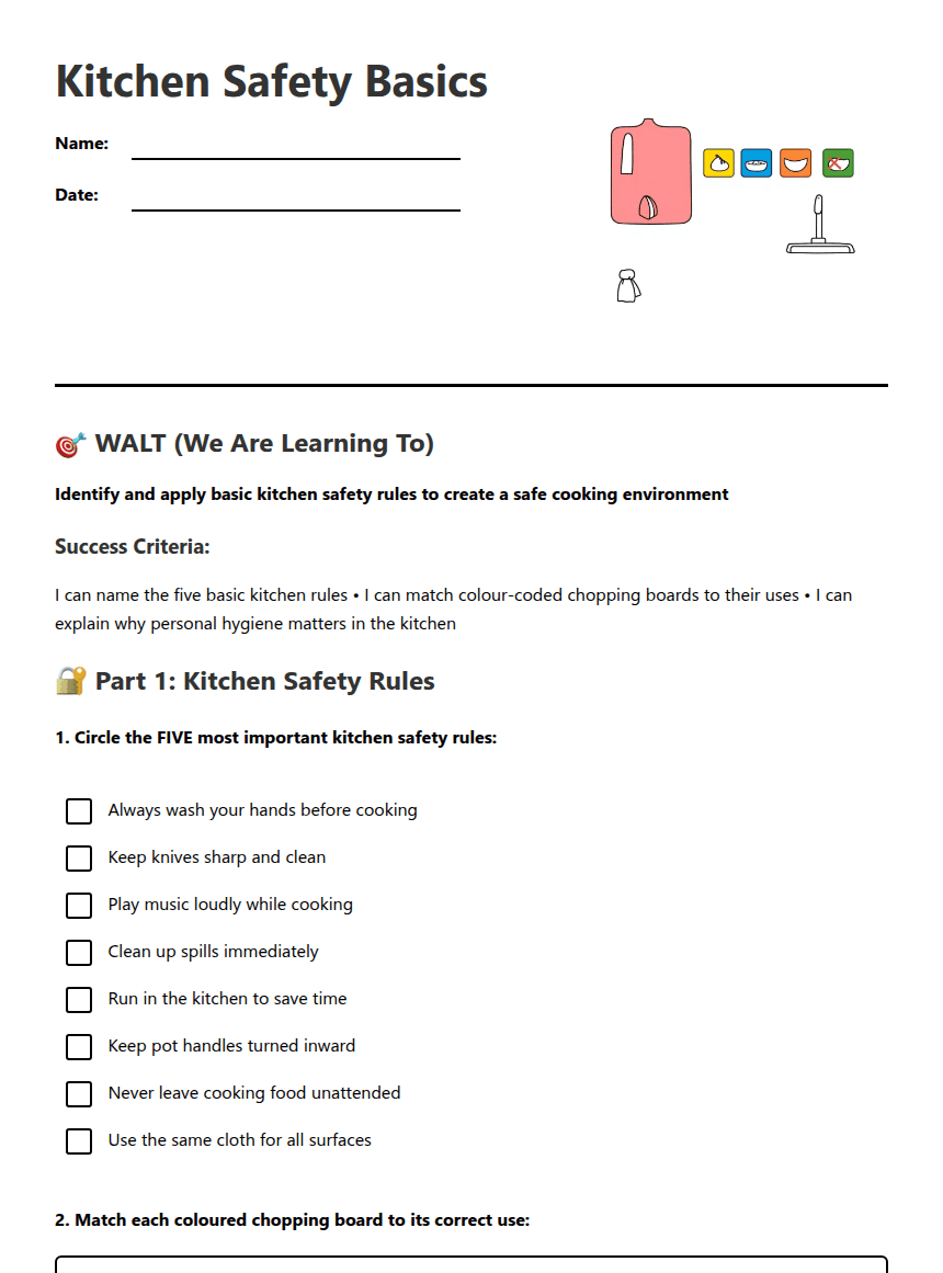 Kitchen Safety Basics worksheet preview