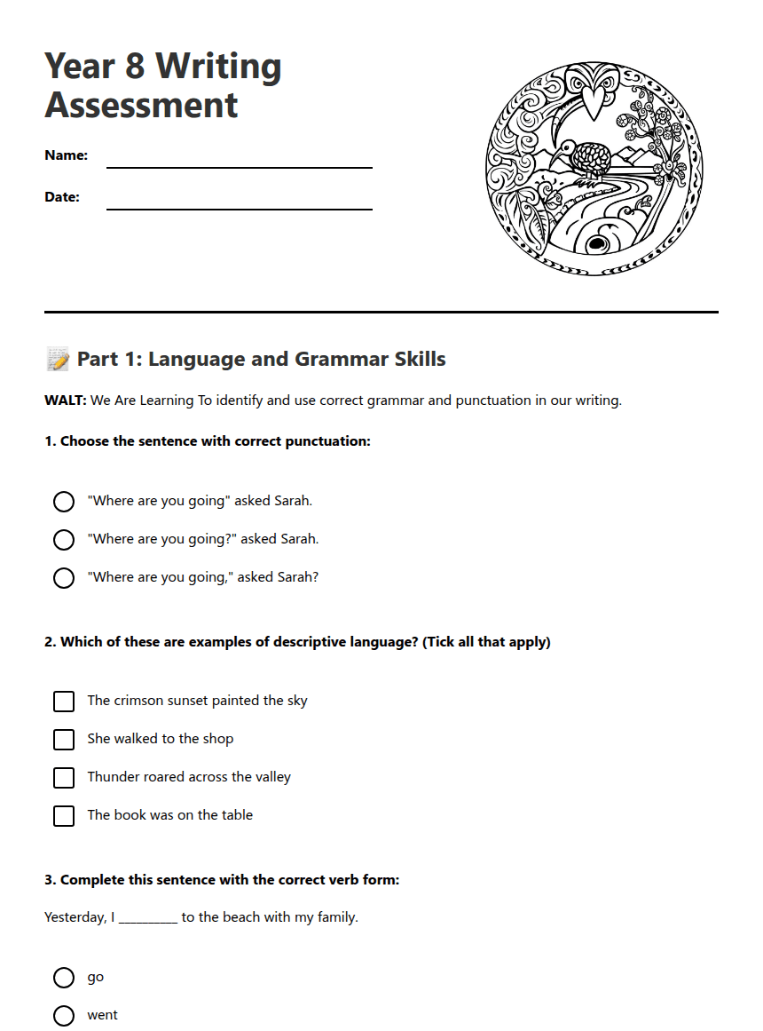 Year 8 Writing Assessment worksheet preview