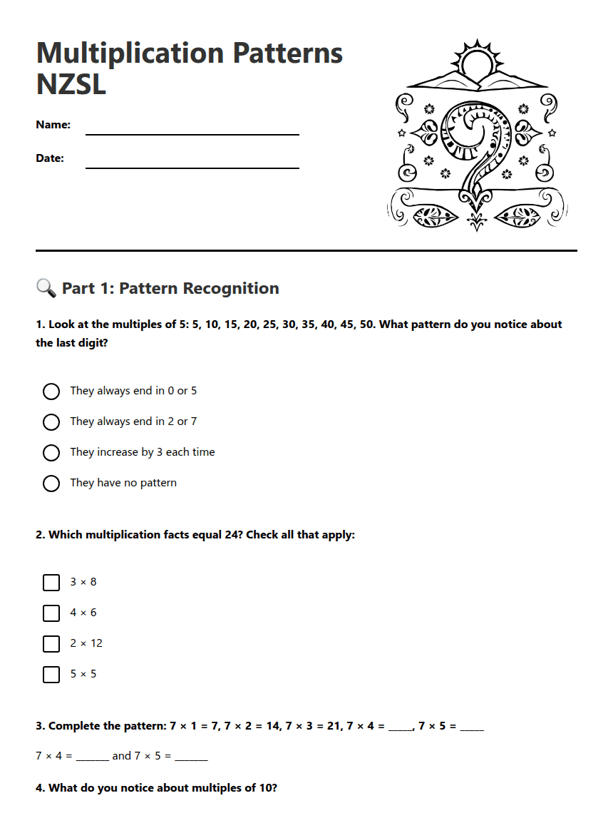 Multiplication Patterns NZSL worksheet preview