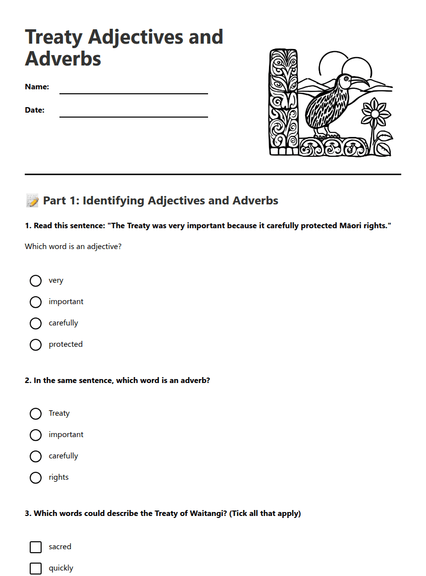 Treaty Adjectives and Adverbs worksheet preview