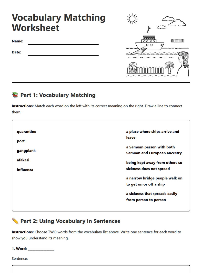 Vocabulary Matching Worksheet