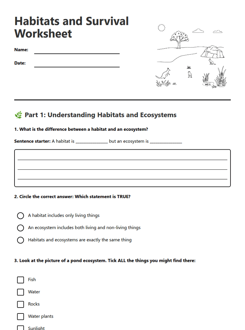 Habitats and Survival Worksheet