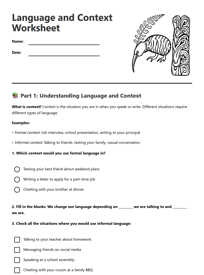 Language and Context Worksheet worksheet preview