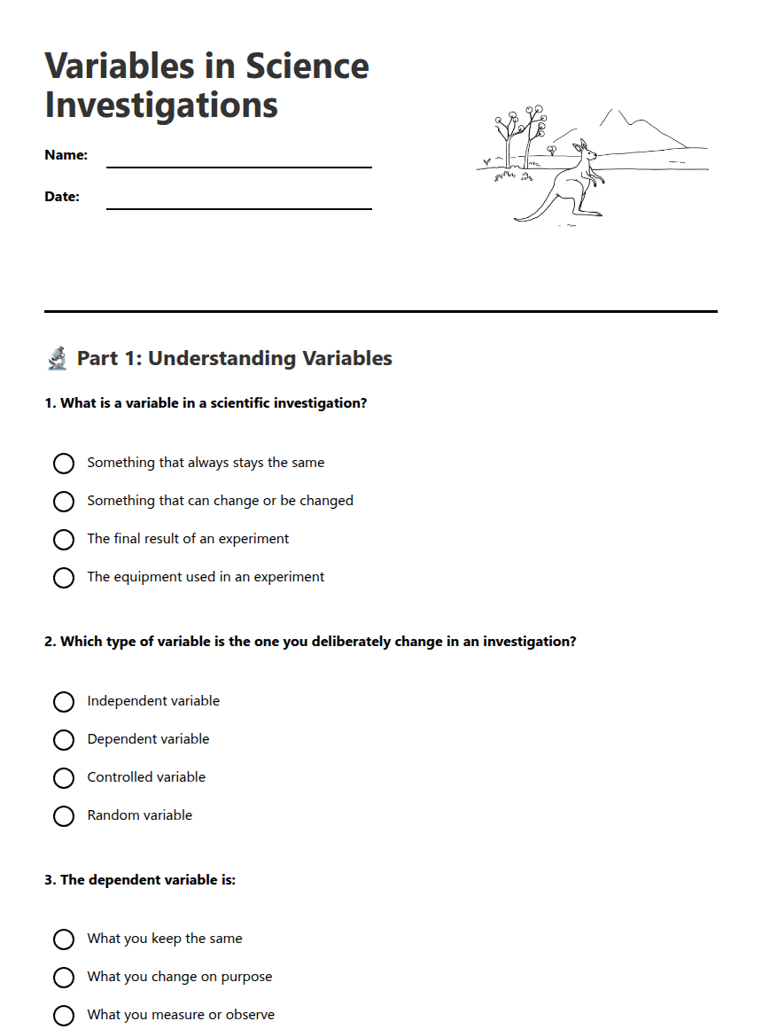 Variables in Science Investigations worksheet preview