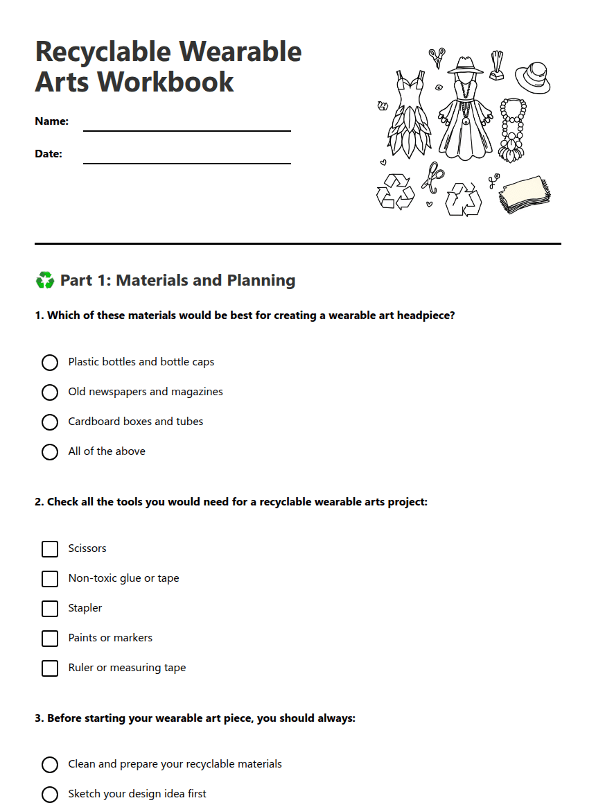 Recyclable Wearable Arts Workbook worksheet preview
