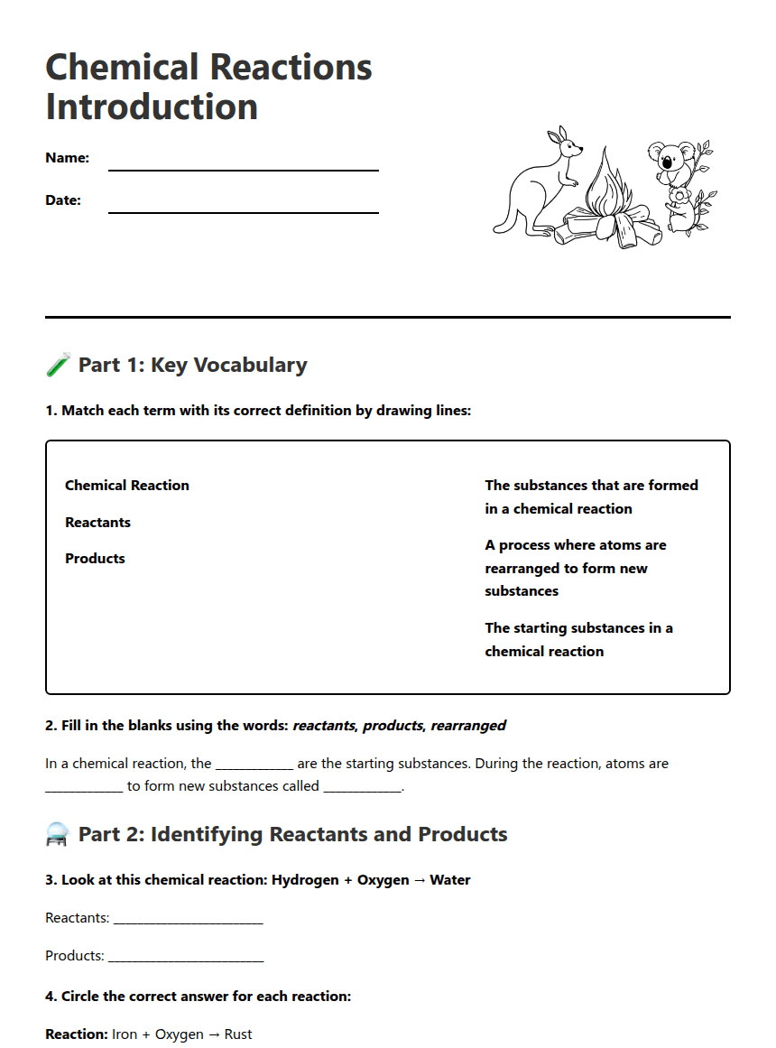 Chemical Reactions Introduction worksheet preview