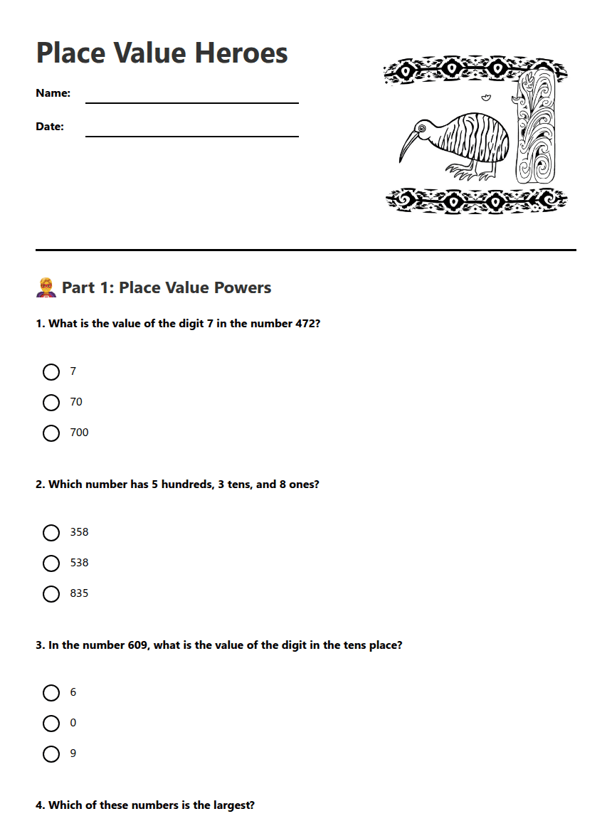 Place Value Heroes worksheet preview