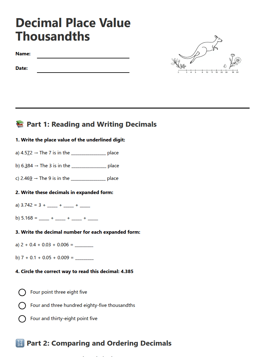 Decimal Place Value Thousandths worksheet preview