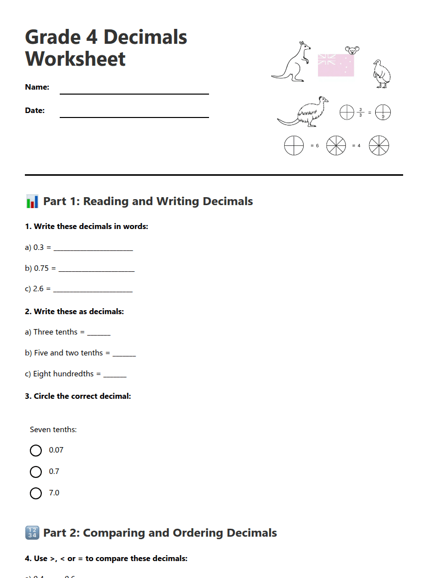 Grade 4 Decimals Worksheet worksheet preview