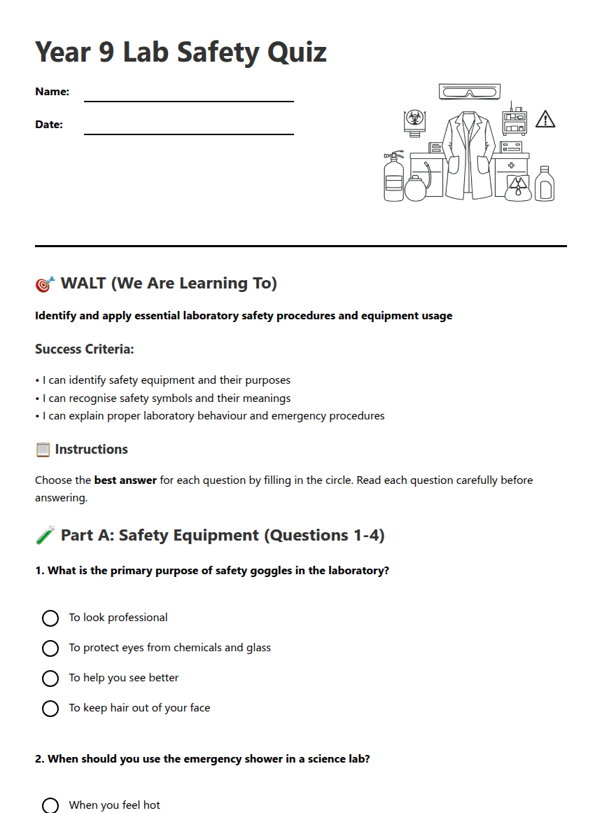 Year 9 Lab Safety Quiz worksheet preview
