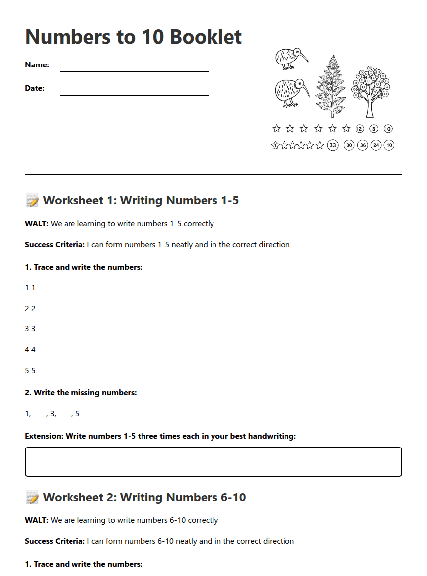 Numbers to 10 Booklet worksheet preview