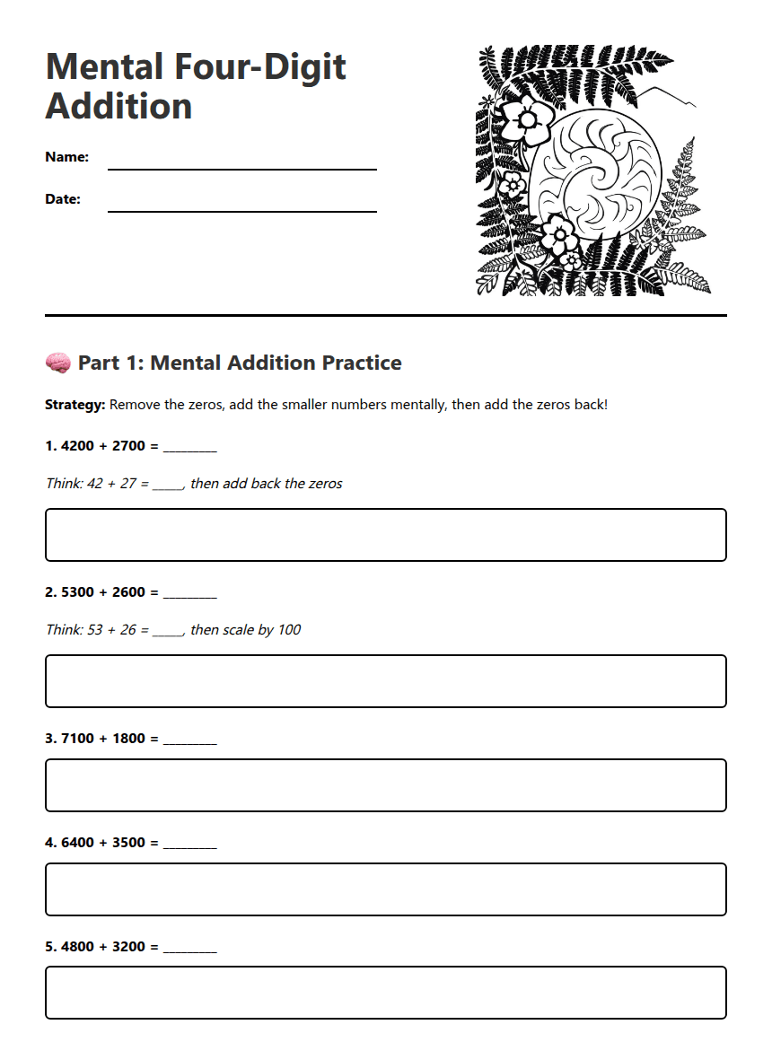 Mental Four-Digit Addition worksheet preview