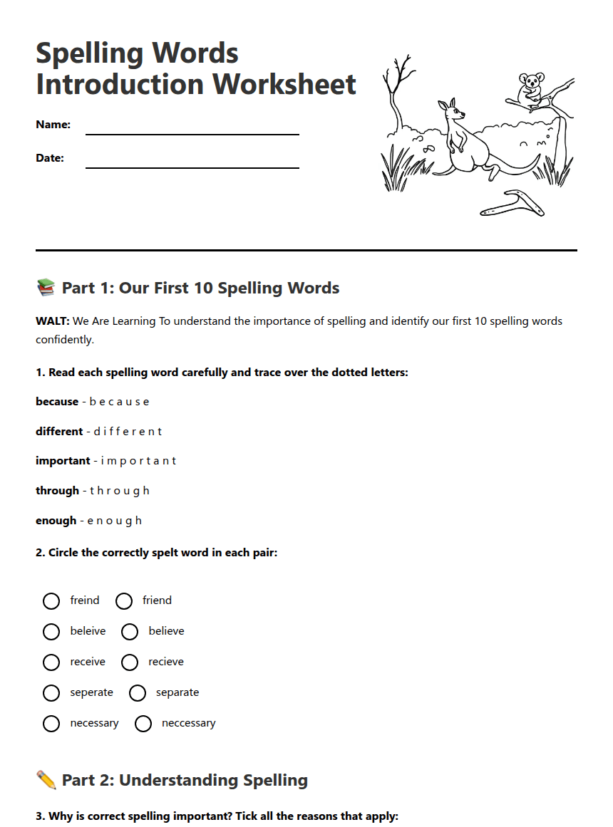 Spelling Words Introduction Worksheet worksheet preview