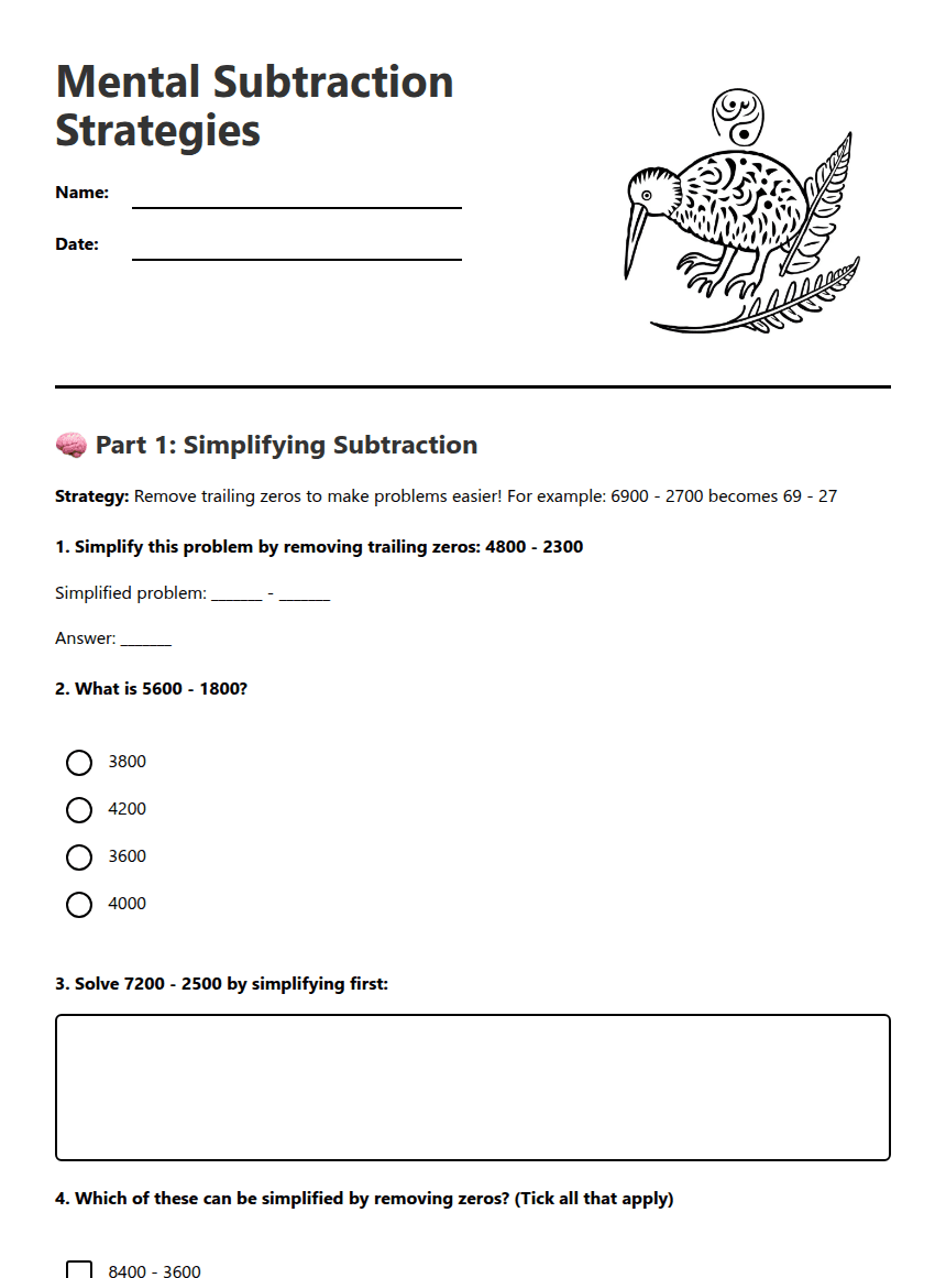 Mental Subtraction Strategies worksheet preview