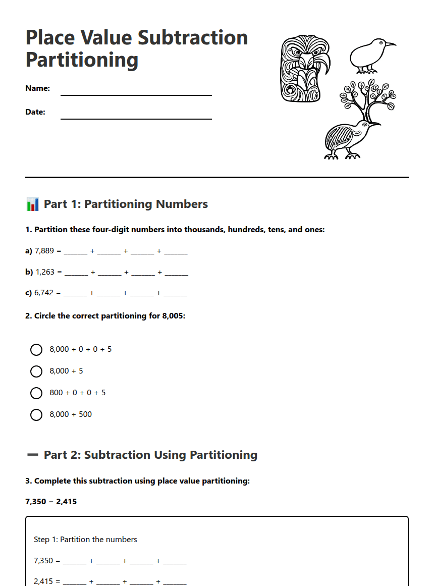 Place Value Subtraction Partitioning worksheet preview