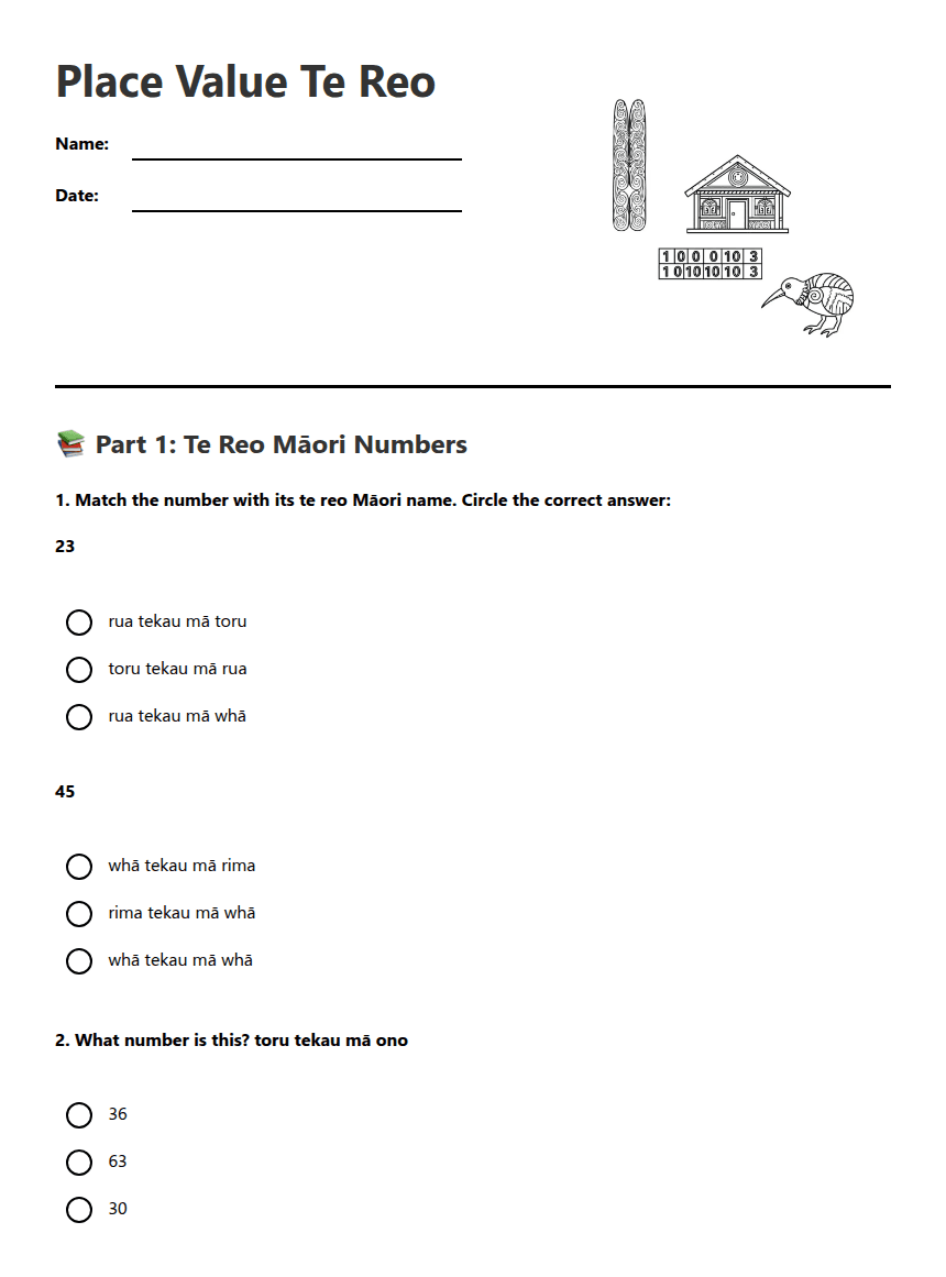 Place Value Te Reo worksheet preview