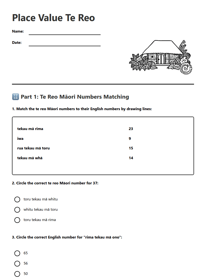 Place Value Te Reo worksheet preview