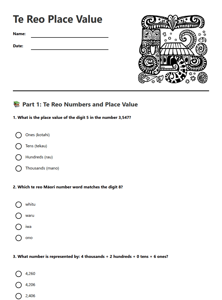 Te Reo Place Value worksheet preview