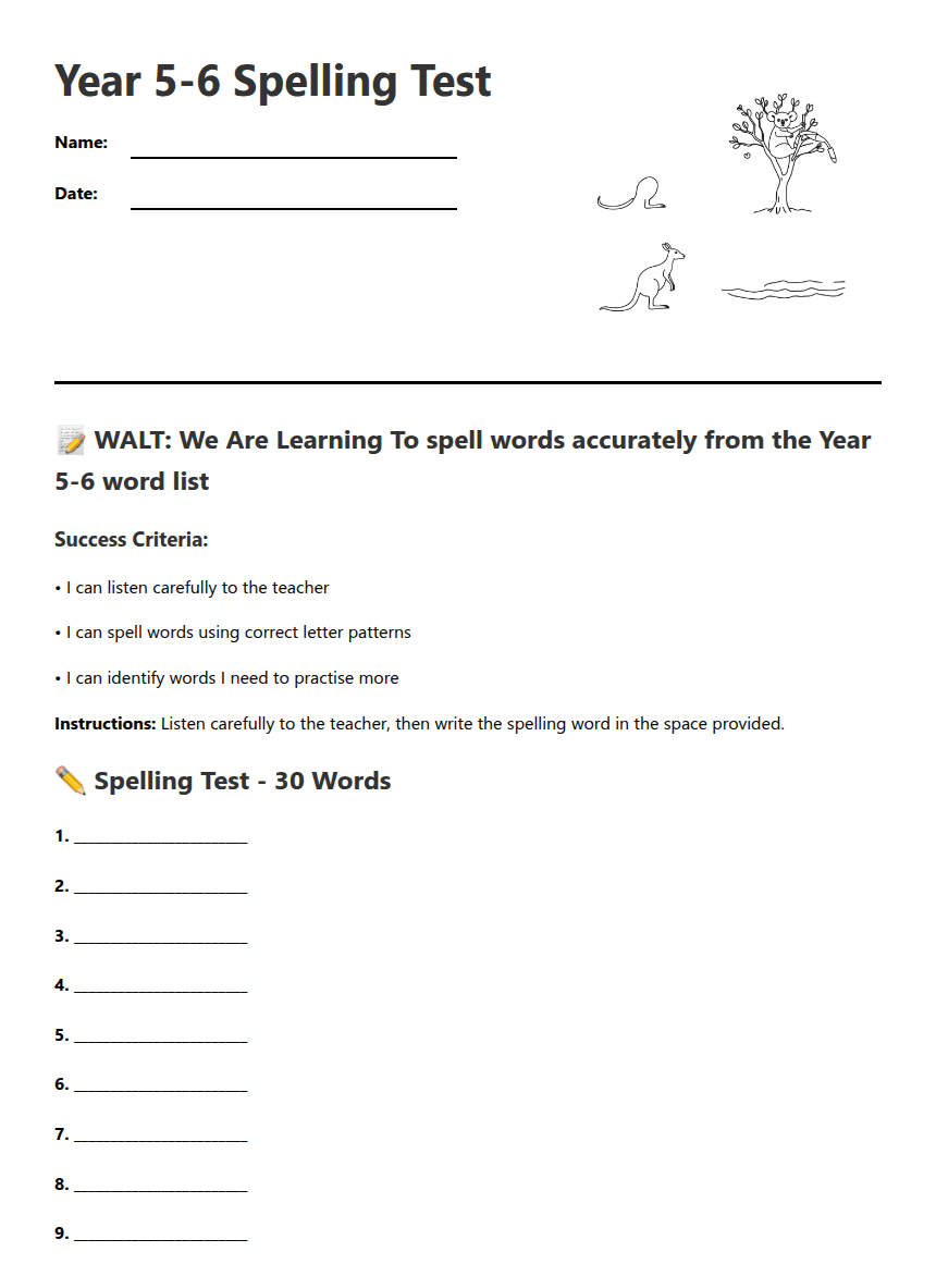 Year 5-6 Spelling Test worksheet preview
