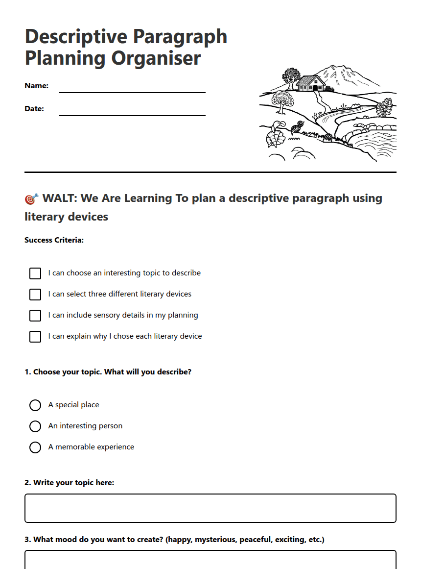 Descriptive Paragraph Planning Organiser worksheet preview