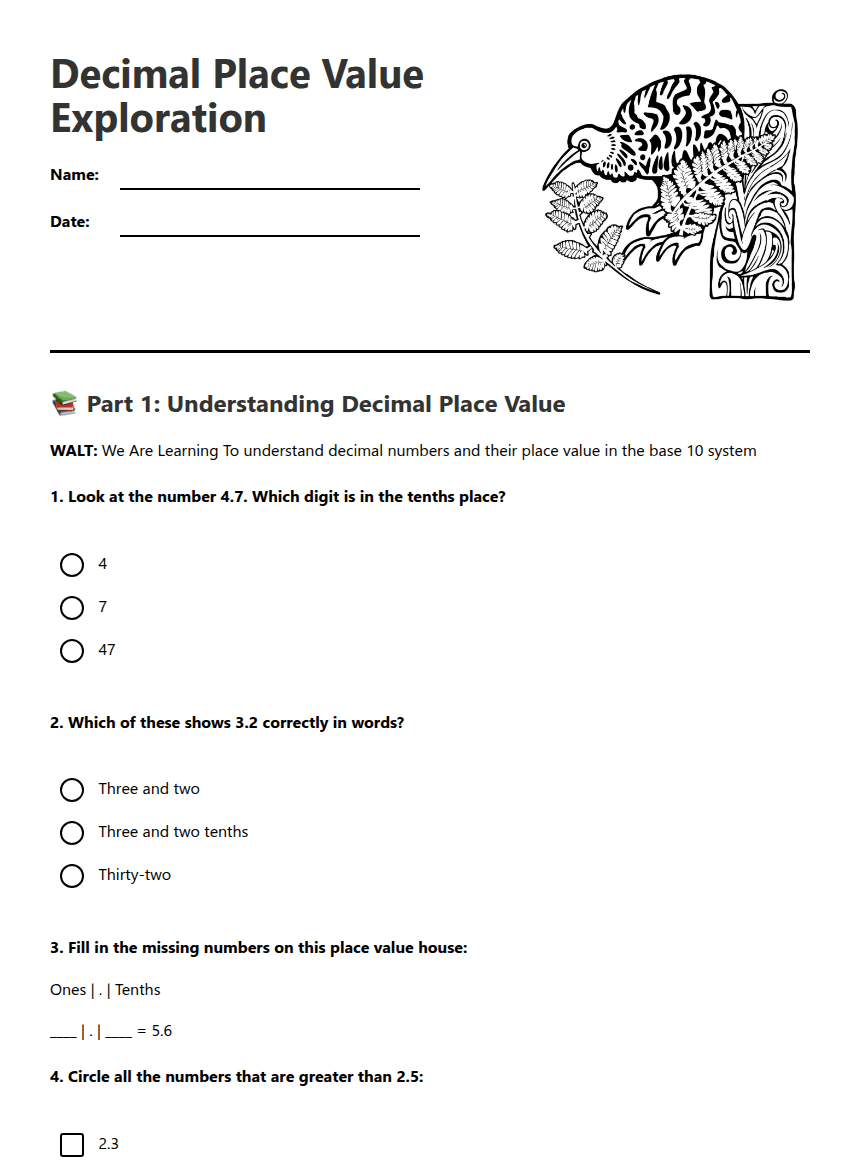 Decimal Place Value Exploration worksheet preview
