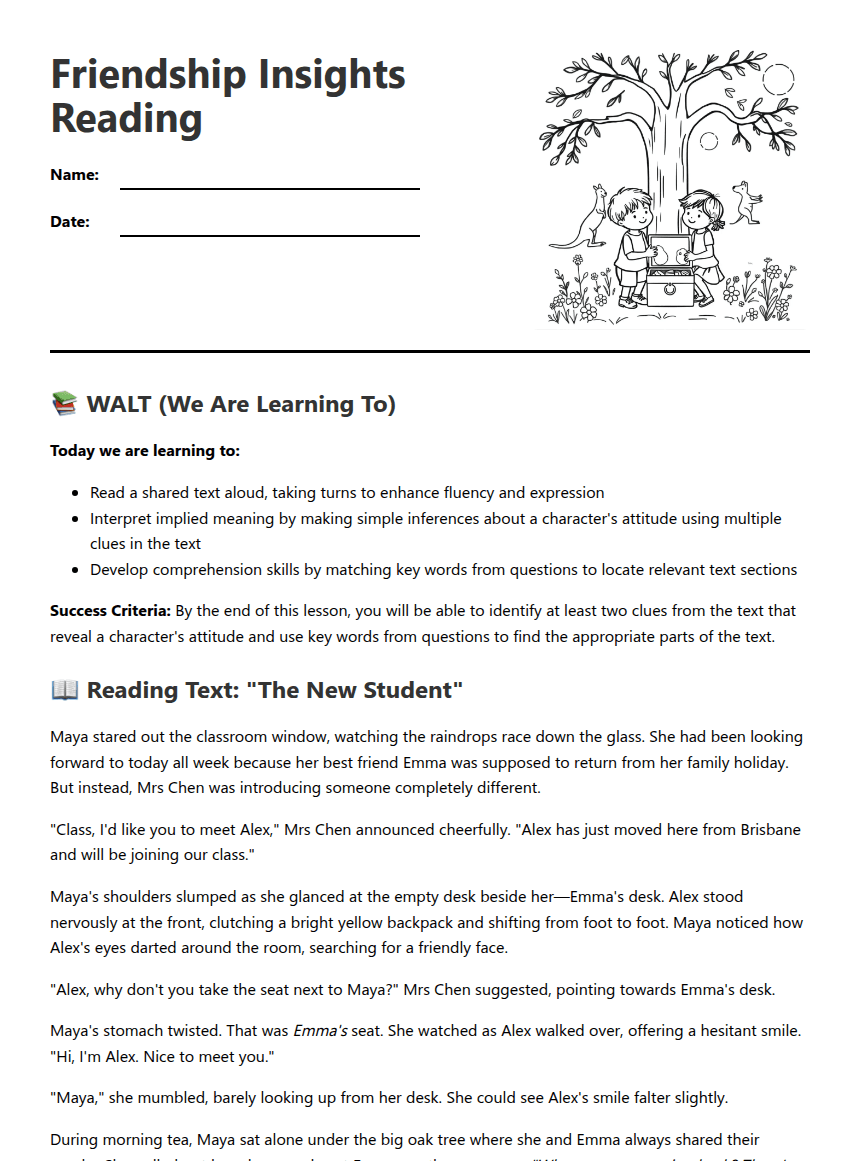 Friendship Insights Reading worksheet preview