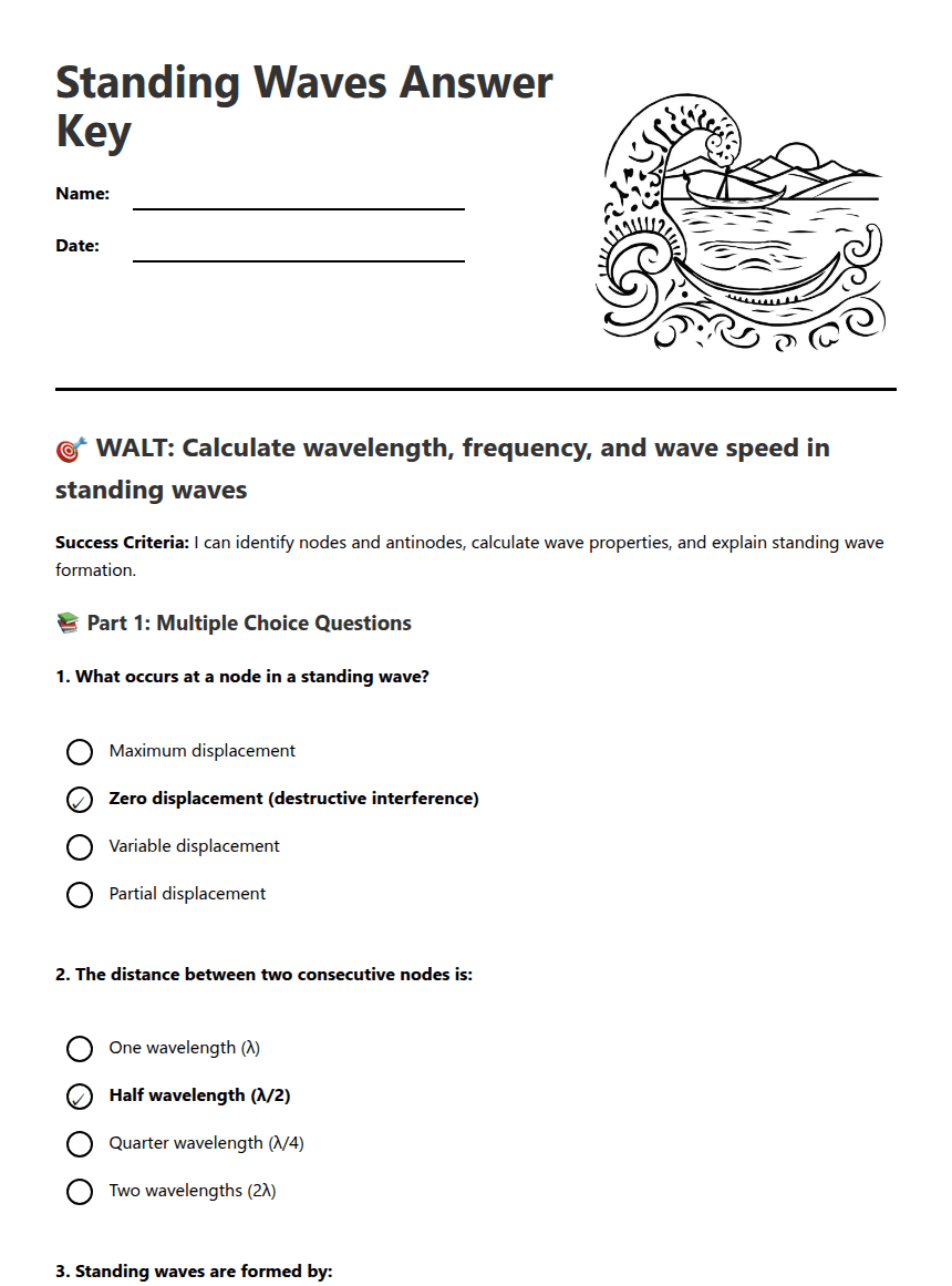 Standing Waves Answer Key worksheet preview