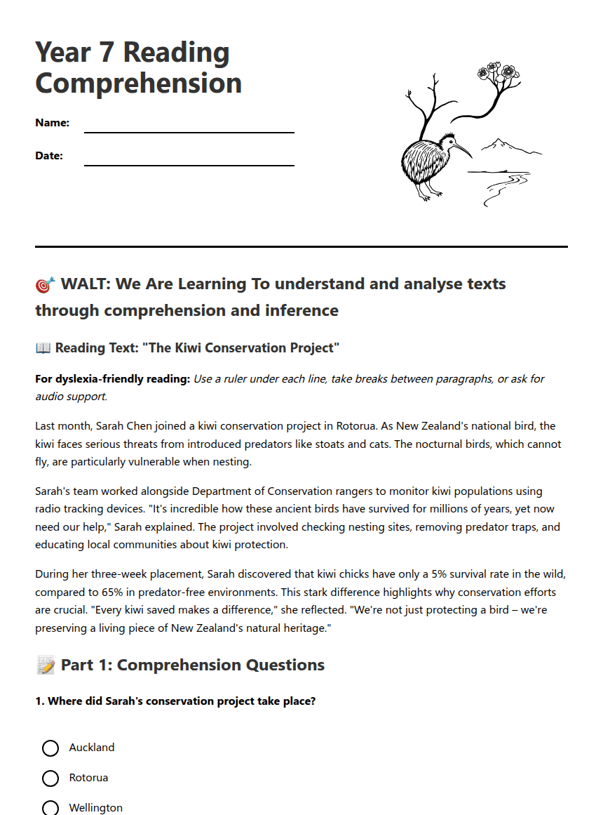 Year 7 Reading Comprehension worksheet preview