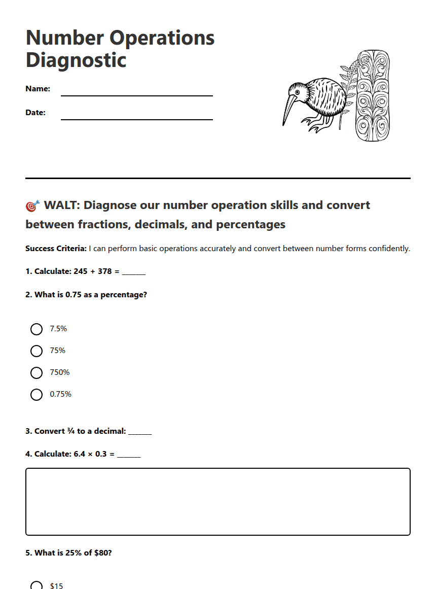 Number Operations Diagnostic worksheet preview