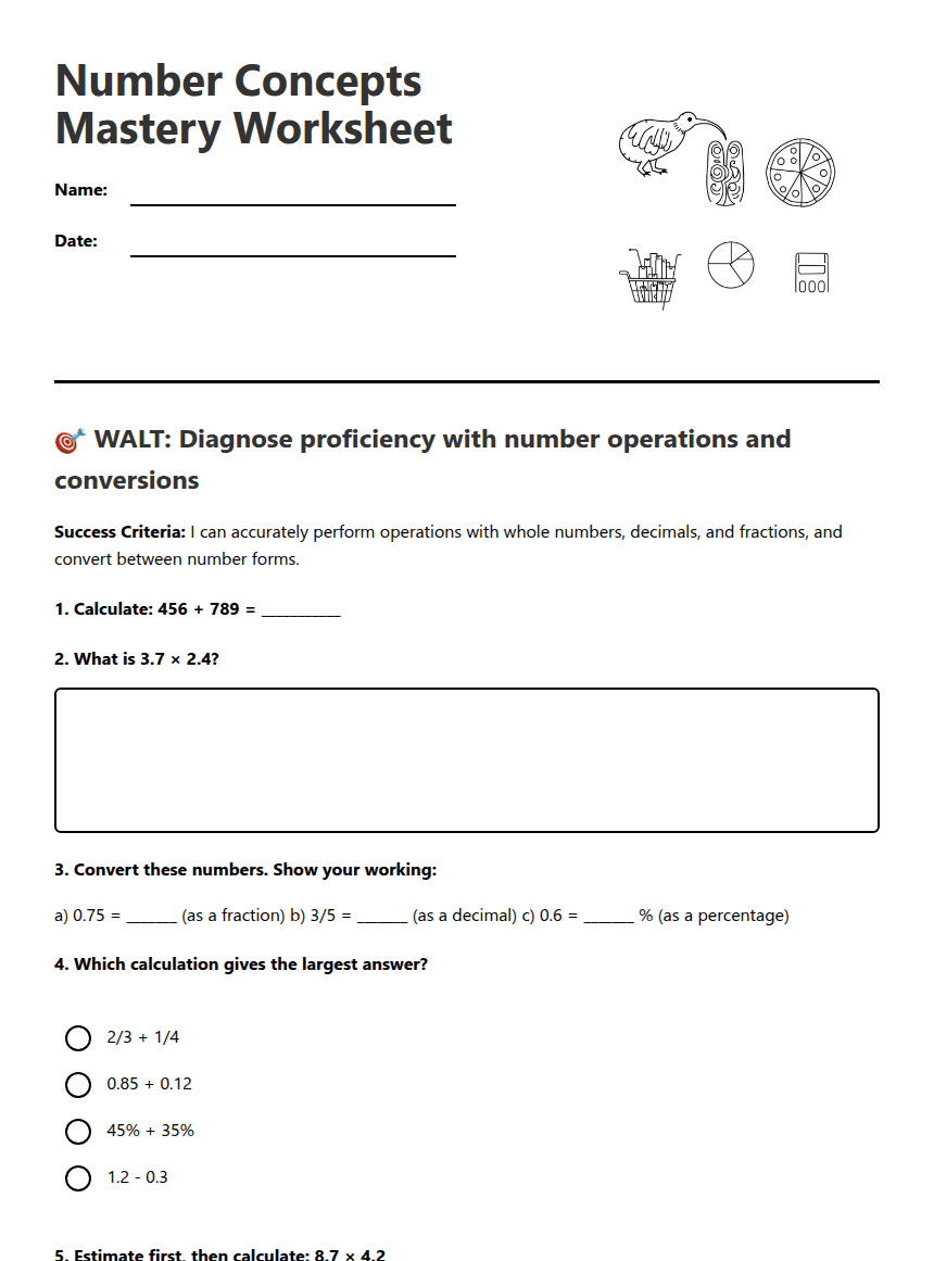 Number Concepts Mastery Worksheet worksheet preview