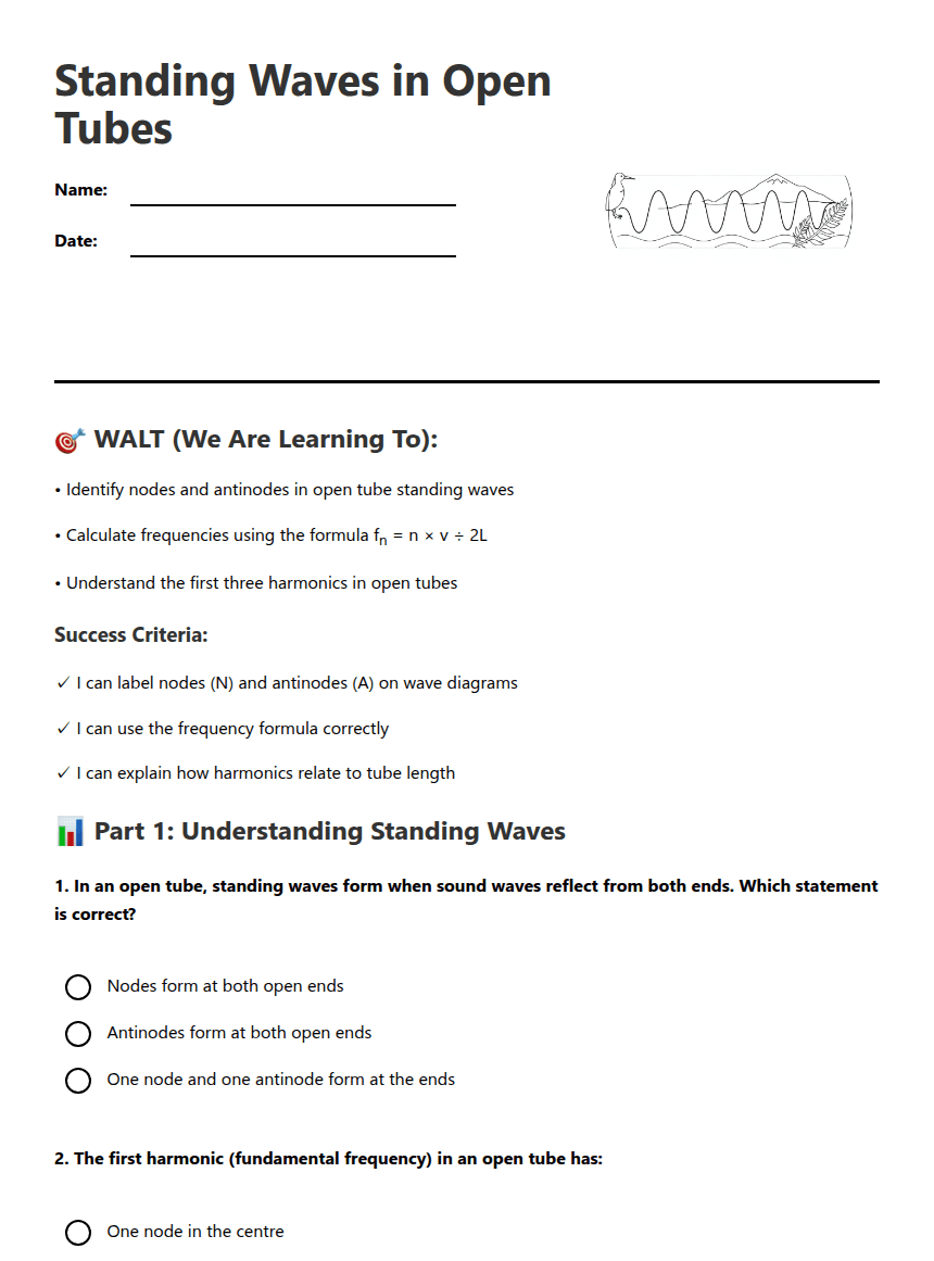Standing Waves Open Tubes worksheet preview